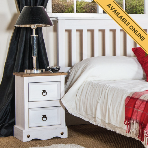Compact two-drawer bedside cabinet ideal for storing nighttime essentials in small bedrooms; height 53.1cm, width 36cm, depth 32cm; weight 8.5kg.