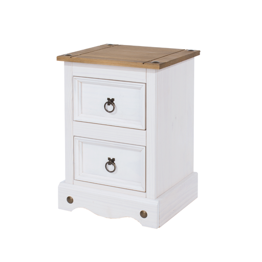 Petite nightstand with two smooth-gliding drawers, designed to fit snugly in tight spaces; dimensions: 53.1cm H × 36cm W × 32cm D; weighs 8.5 kilograms.