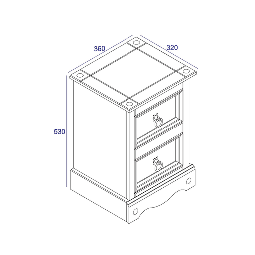 Small yet functional bedside cabinet featuring two drawers for organized storage; measures 53.1cm tall, 36cm wide, and 32cm deep; total weight 8.5kg.