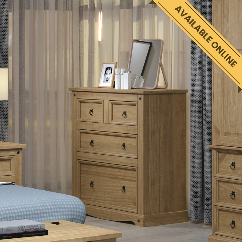 2+2 drawer chest with a mix of deep and shallow drawers for versatile clothing and accessory storage, 103.8cm high, 91cm wide, 47cm deep, weighing 32.5kg.