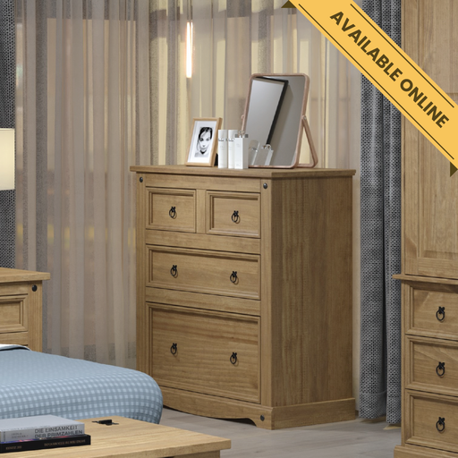 2+2 drawer chest with a mix of deep and shallow drawers for versatile clothing and accessory storage, 103.8cm high, 91cm wide, 47cm deep, weighing 32.5kg.