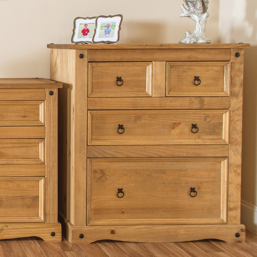 Balanced storage chest featuring two deep and two shallow drawers, dimensions 103.8cm H × 91cm W × 47cm D, weight 32.5kg.