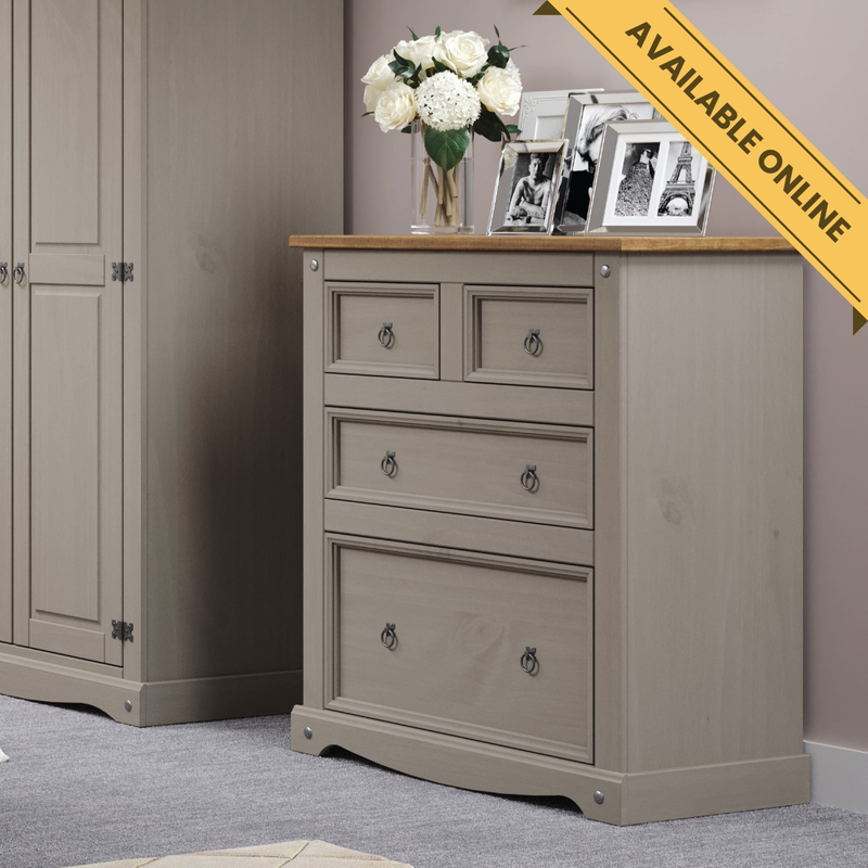Elegant four-drawer chest featuring two smaller top drawers and two larger bottom drawers for versatile organization; height 103.8cm, width 91cm, depth 47cm; weight 32.5kg.