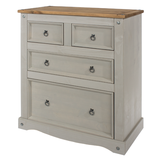 Stylish wooden chest with a 2+2 drawer configuration ideal for sorting and storing clothing or accessories; dimensions: 103.8cm H × 91cm W × 47cm D; weighs 32.5 kilograms.