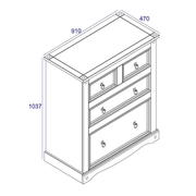 Practical four-drawer dresser combining compact design with smart storage, offering varied drawer sizes for everyday use; measures 103.8cm tall, 91cm wide, and 47cm deep; total weight 32.5kg.