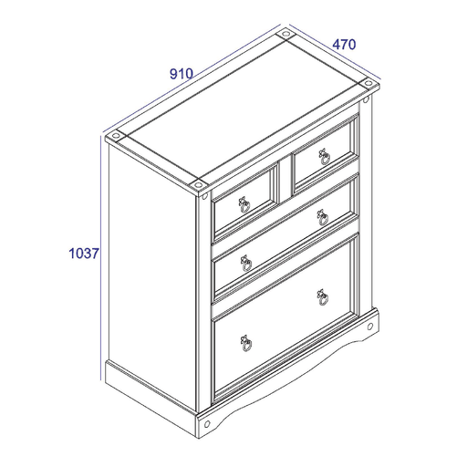 Practical four-drawer dresser combining compact design with smart storage, offering varied drawer sizes for everyday use; measures 103.8cm tall, 91cm wide, and 47cm deep; total weight 32.5kg.