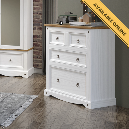 Four-drawer chest featuring two shallow top drawers and two deeper bottom drawers, finished with classic wood grain; height 103.8cm, width 91cm, depth 47cm; weight 32.5kg.