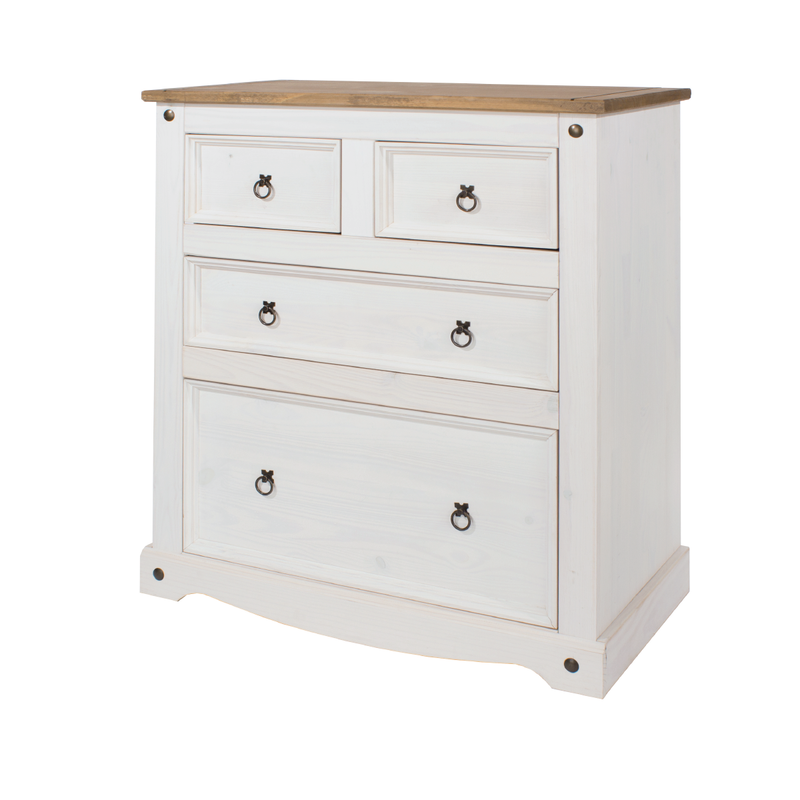 Spacious wooden chest with a 2+2 drawer layout, ideal for organizing clothes and accessories; dimensions: 103.8cm H x 91cm W x 47cm D; weighs 32.5 kilograms.