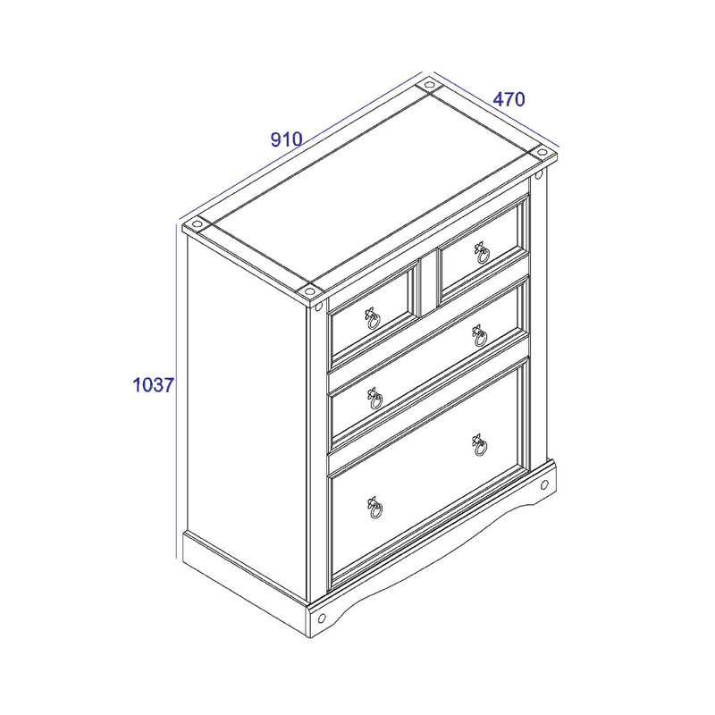 Traditional four-drawer dresser combining practical shallow and deep storage in a timeless wooden design; measures 103.8cm tall, 91cm wide, and 47cm deep; total weight 32.5kg.