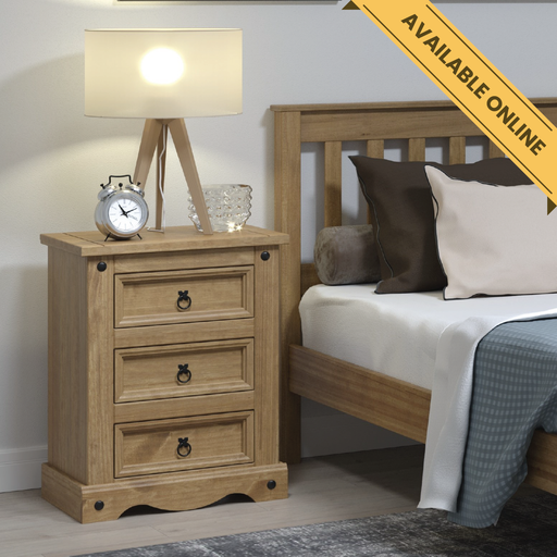 Three-drawer bedside cabinet with a classic design and durable build, 68.5cm high, 53cm wide, 38cm deep, weighing 15.5kg.
