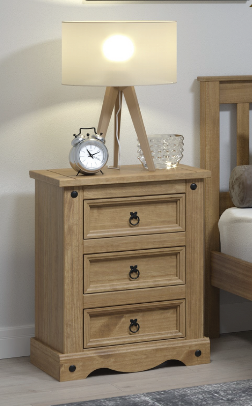 Three-drawer bedside cabinet with a classic design and durable build, 68.5cm high, 53cm wide, 38cm deep, weighing 15.5kg.