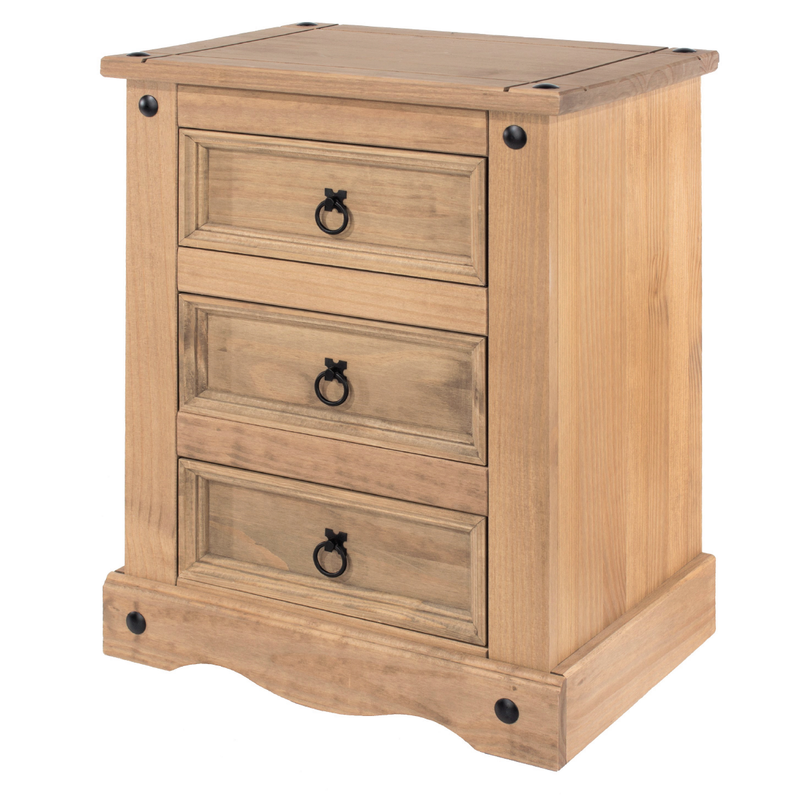 Spacious nightstand featuring three generous drawers for bedroom storage, dimensions 68.5cm H × 53cm W × 38cm D, weight 15.5kg.