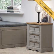 Three-drawer bedside cabinet offering ample storage with a timeless wooden finish; height 68.5cm, width 53cm, depth 38cm; weight 15.5kg.