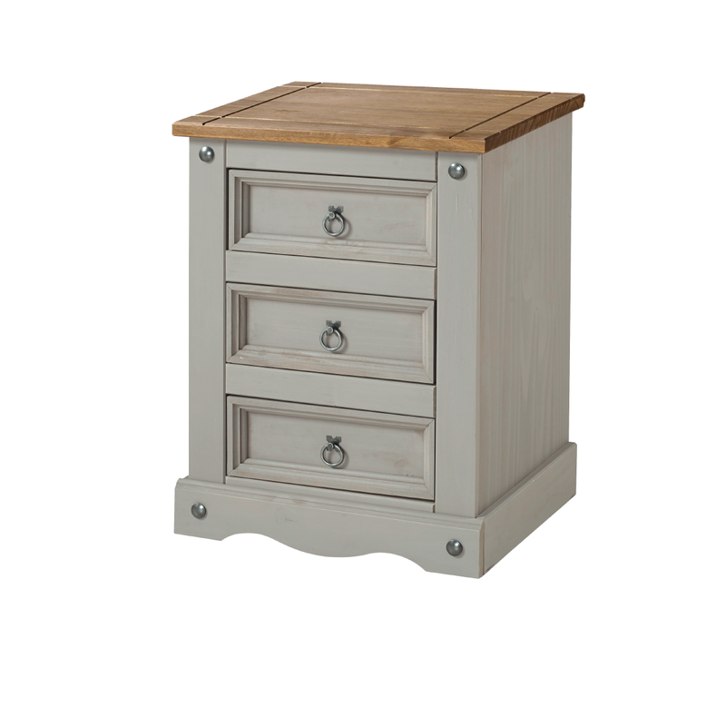 Sturdy nightstand featuring three smooth-gliding drawers and classic wood detailing; dimensions: 68.5cm H × 53cm W × 38cm D; weighs 15.5 kilograms.