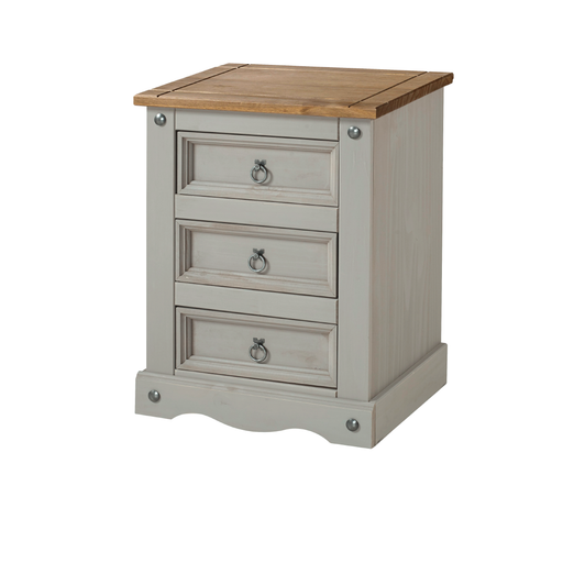 Sturdy nightstand featuring three smooth-gliding drawers and classic wood detailing; dimensions: 68.5cm H × 53cm W × 38cm D; weighs 15.5 kilograms.