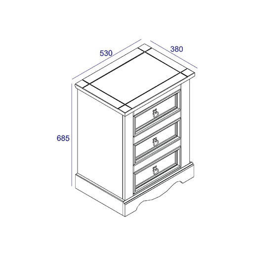 Compact yet spacious three-drawer cabinet ideal for bedside essentials, crafted with traditional wooden charm; measures 68.5cm tall, 53cm wide, and 38cm deep; total weight 15.5kg.