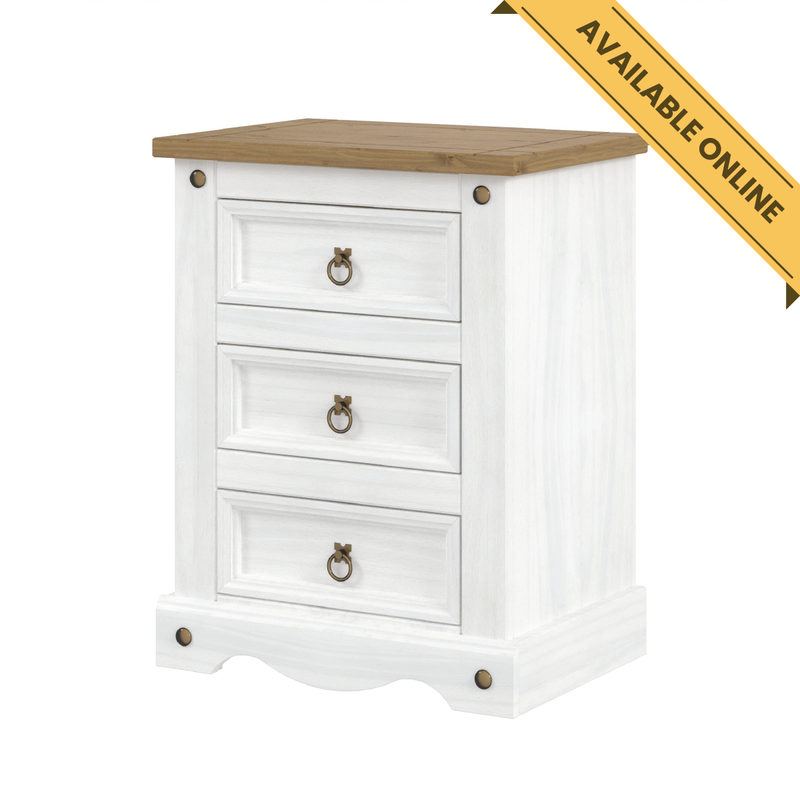 Sturdy three-drawer bedside cabinet showcasing timeless wood grain and a smooth finish; height 68.5cm, width 53cm, depth 38cm; weight 15.5kg.