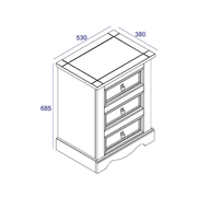 Classic nightstand with three spacious drawers, offering reliable storage and a refined wooden look; dimensions: 68.5cm H × 53cm W × 38cm D; weighs 15.5 kilograms.