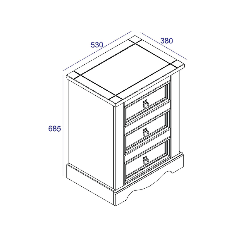 Classic nightstand with three spacious drawers, offering reliable storage and a refined wooden look; dimensions: 68.5cm H × 53cm W × 38cm D; weighs 15.5 kilograms.