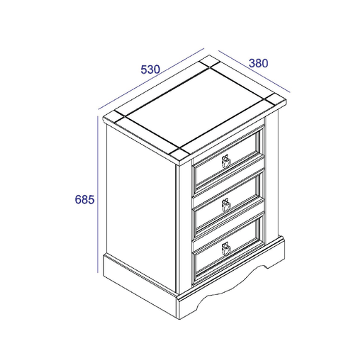 Classic nightstand with three spacious drawers, offering reliable storage and a refined wooden look; dimensions: 68.5cm H × 53cm W × 38cm D; weighs 15.5 kilograms.