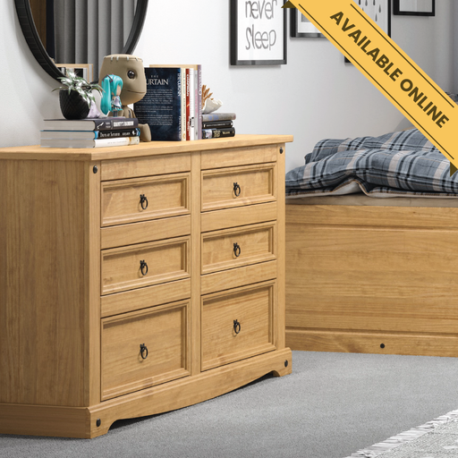 Wide six-drawer chest with three upper and three lower drawers, blending rustic charm and practical storage, 83.4cm high, 132.1cm wide, 43cm deep, weighing 37.5kg.