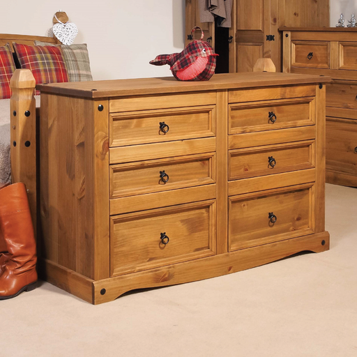 Spacious 3+3 drawer chest offering generous storage in a rustic-inspired design, dimensions 83.4cm H × 132.1cm W × 43cm D, weight 37.5kg.