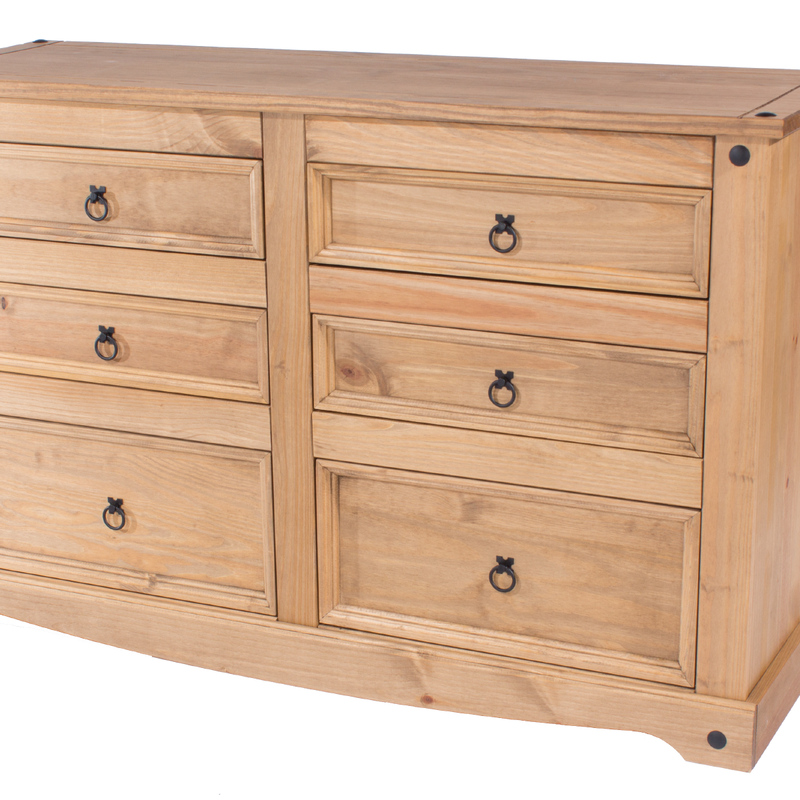 Functional wide dresser featuring six drawers, three shallow and three deep, for organised bedroom storage, 83.4cm tall by 132.1cm wide by 43cm deep, 37.5kg.