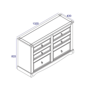 Rustic-style wide chest with a balanced six-drawer layout, ideal for larger storage needs, 83.4 × 132.1 × 43cm, weighing 37.5kg.
