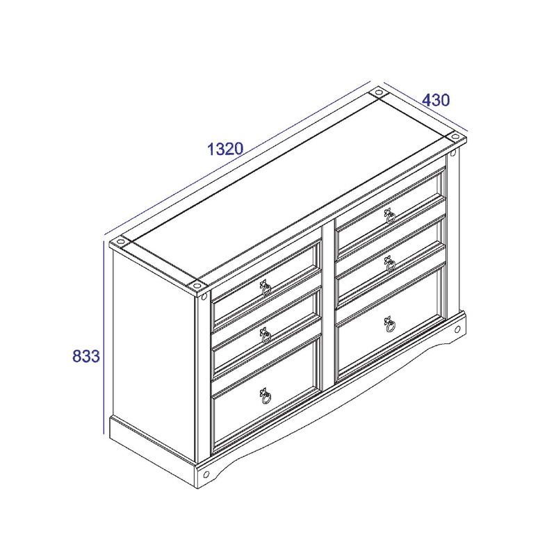 Rustic-style wide chest with a balanced six-drawer layout, ideal for larger storage needs, 83.4 × 132.1 × 43cm, weighing 37.5kg.