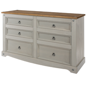 Classic wide chest of drawers with a timeless design and ample capacity, perfect for bedrooms needing extra storage; measures 83.4cm tall, 132.1cm wide, and 43cm deep; total weight 37.5kg.
