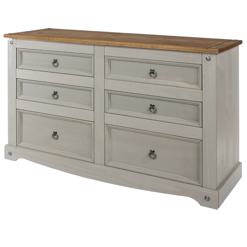 Classic wide chest of drawers with a timeless design and ample capacity, perfect for bedrooms needing extra storage; measures 83.4cm tall, 132.1cm wide, and 43cm deep; total weight 37.5kg.