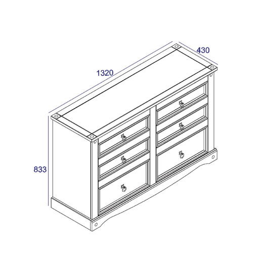 Traditional six-drawer chest featuring a balanced 3-over-3 configuration and solid construction; overall size 83.4 x 132.1 x 43cm; weight 37.5kg.
