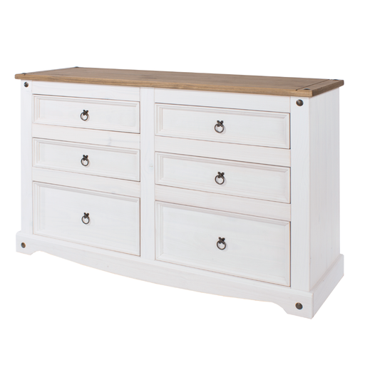 Spacious dresser with a 3+3 drawer configuration, designed for organized clothing storage and timeless style; dimensions: 83.4cm H × 132.1cm W × 43cm D; weighs 37.5 kilograms.