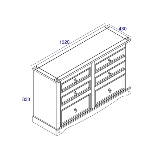 Generous six-drawer chest built with enduring quality, perfect for bedrooms needing extra storage space; measures 83.4cm tall, 132.1cm wide, and 43cm deep; total weight 37.5kg.