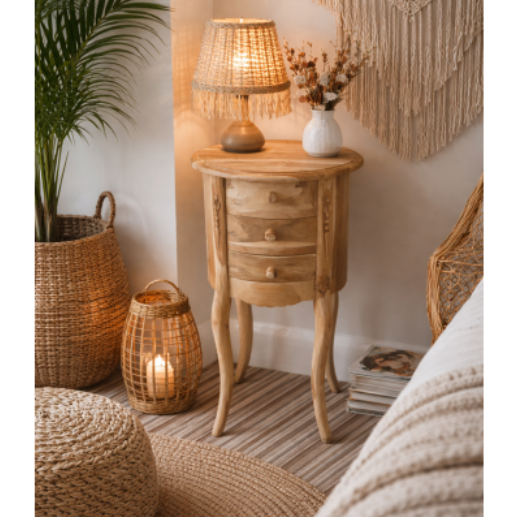 ROUND TEAK BEDSIDE UNFINISHED