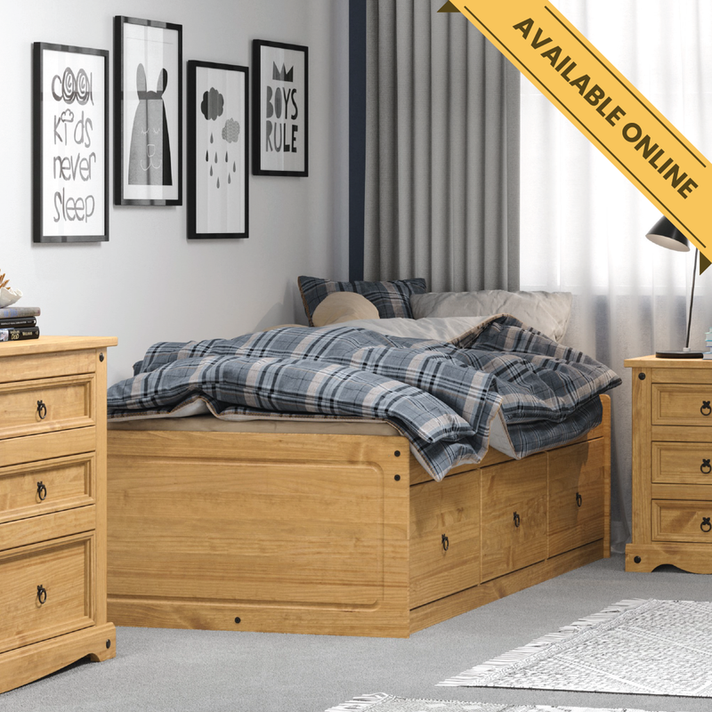3ft cabin bed with space-saving design and under-bed storage drawers, 55cm high, 100cm wide, 195.6cm deep, weighing 47kg.