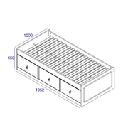 Space-efficient 3ft bed with integrated under-bed drawers, 55cm tall by 100cm wide by 195.6cm deep, 47kg in weight.