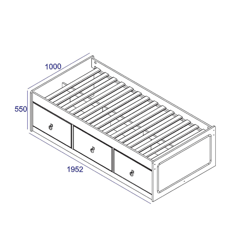 Space-efficient 3ft bed with integrated under-bed drawers, 55cm tall by 100cm wide by 195.6cm deep, 47kg in weight.