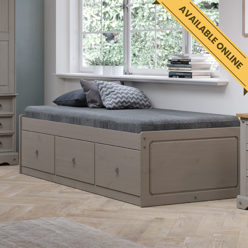 Space-saving 3ft single cabin bed featuring built-in drawers for smart under-bed storage; height 55cm, width 100cm, depth 195.6cm; weight 47kg.