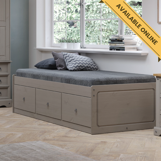 Space-saving 3ft single cabin bed featuring built-in drawers for smart under-bed storage; height 55cm, width 100cm, depth 195.6cm; weight 47kg.