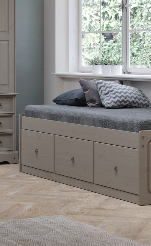 Space-saving 3ft single cabin bed featuring built-in drawers for smart under-bed storage; height 55cm, width 100cm, depth 195.6cm; weight 47kg.
