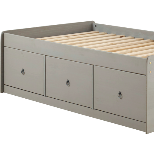 Compact single cabin bed with integrated storage drawers, ideal for small bedrooms or kids’ rooms; dimensions: 55cm H × 100cm W × 195.6cm D; weighs 47 kilograms.