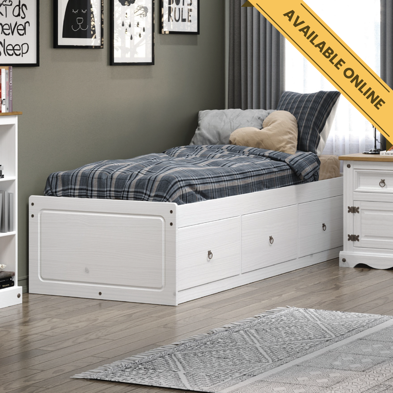 Compact single cabin bed featuring built-in under-bed drawers for smart, space-saving storage; height 55cm, width 100cm, depth 195.6cm; weight 47kg.