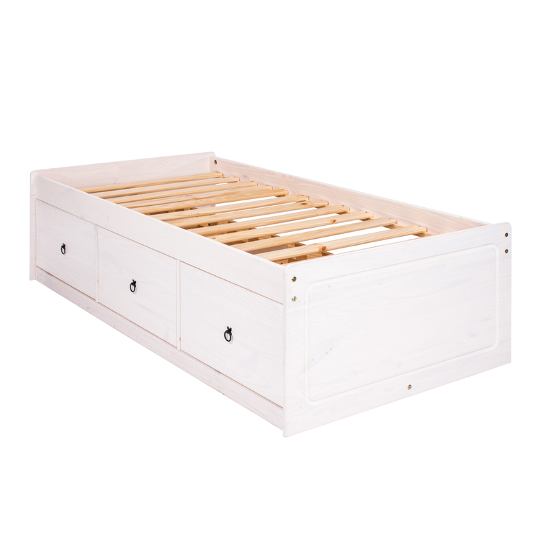 Space-efficient 3ft bed with integrated drawers beneath, ideal for small bedrooms or children’s rooms; dimensions: 55cm H × 100cm W × 195.6cm D; weighs 47 kilograms.