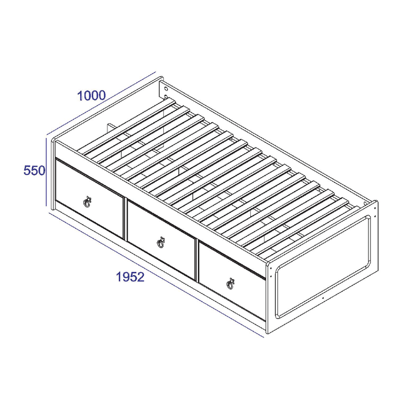 Functional single cabin bed designed to maximize floor space with practical under-bed storage drawers; measures 55cm tall, 100cm wide, and 195.6cm deep; total weight 47kg.