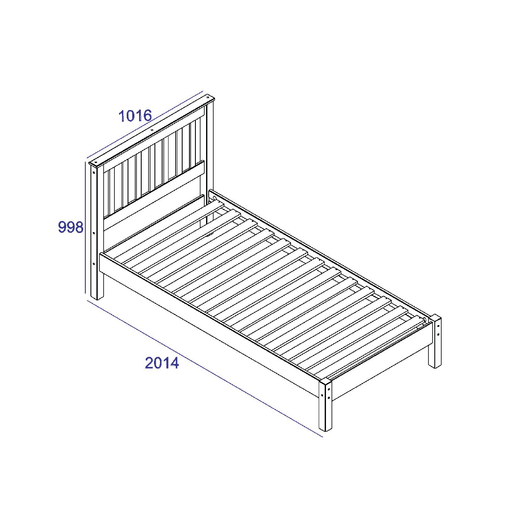 Low-end single bedstead with exposed slats and a solid frame for everyday durability; overall size 100cm tall, 101.6cm wide, and 201.5cm deep; total weight 22.5kg.
