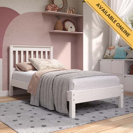 Single bedstead with a low foot end and slatted headboard, creating a light and airy bedroom look; height 100cm, width 101.6cm, depth 201.5cm; weight 23.5kg.