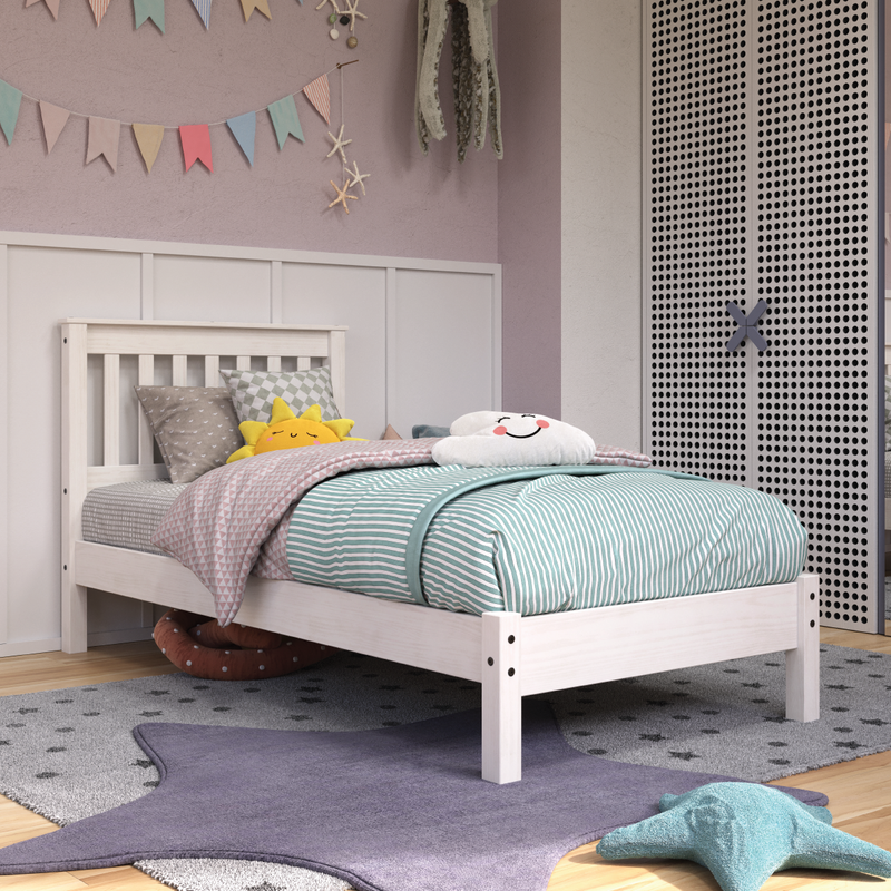 Compact 3ft bed featuring a slatted headboard and low-profile foot end for an open, uncluttered feel; dimensions: 100cm H × 101.6cm W × 201.5cm D; weighs 23.5 kilograms.