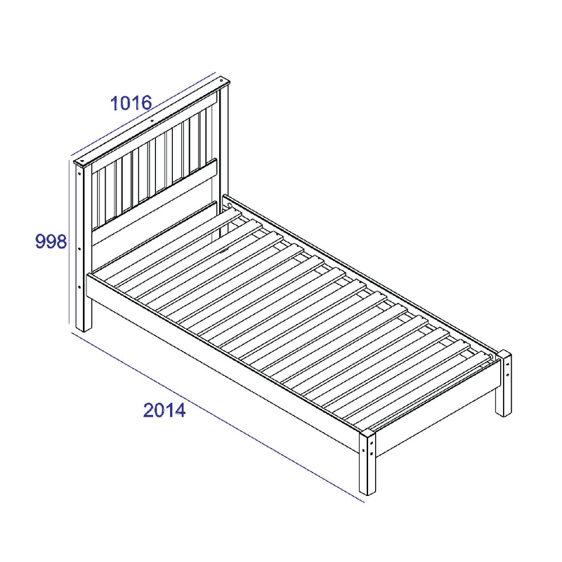 Low-end single bed with a slatted headboard design that promotes airflow and a clean aesthetic; size: 100 x 101.6 x 201.5cm; weight 23.5kg.