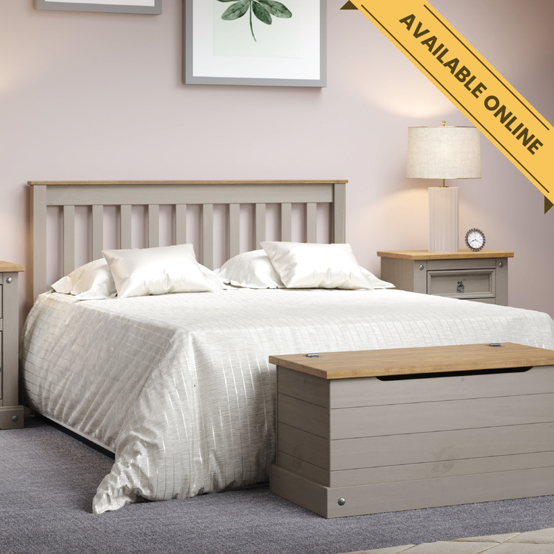 Traditional double bedstead with a low footboard and slatted head and foot ends for rustic charm and support; height 100cm, width 147.6cm, depth 201.5cm; weight 28kg.